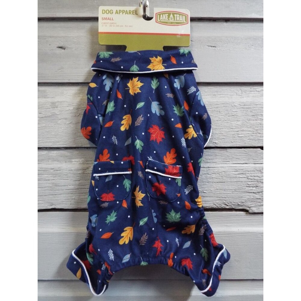 Dog Apparel; Lake Trail; Pajama Outfit; Small; Multi Colored Leaves / Navy; NEW